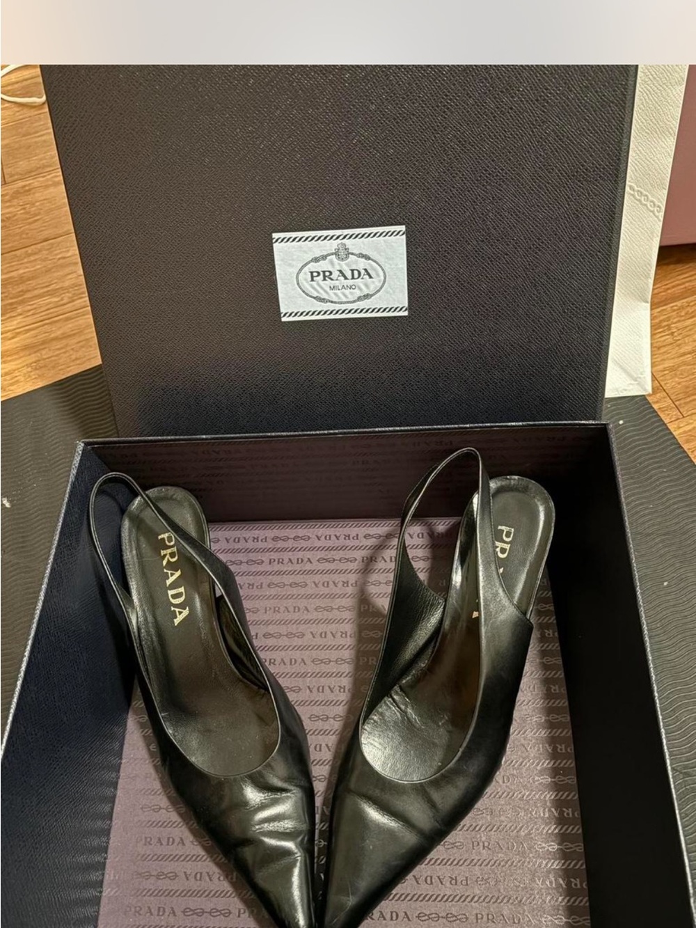 Prada Black Leather Slingback Pointed-Toe Pumps